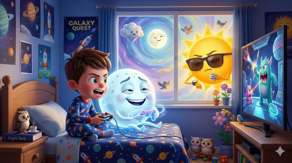 Boy and moon play video games; sun watches TV. Colorful, fun.