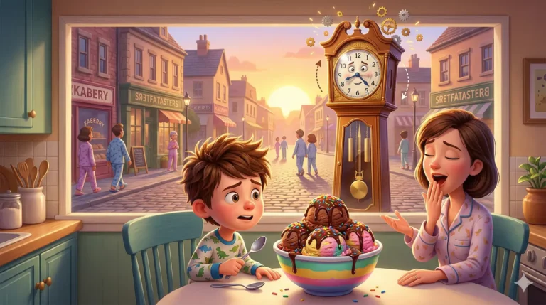 Cartoon boy, mom, giant ice cream, talking clock, pajamas, colorful street.