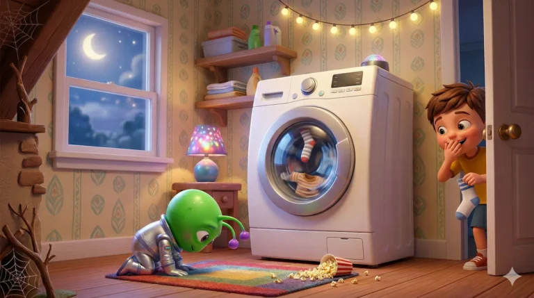 Green alien and boy watch clothes spin in white washing machine. Funny!