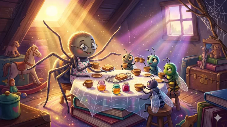 Spider with glasses and insect friends having tea party in attic.