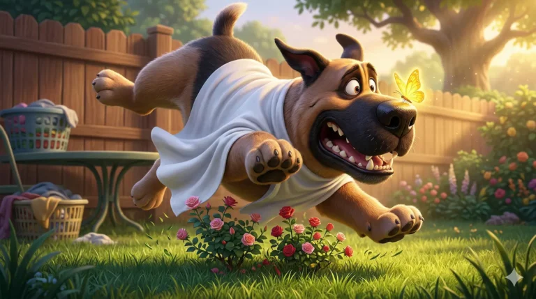 Cartoon dog ghost chases yellow butterfly in garden. Children's illustration.