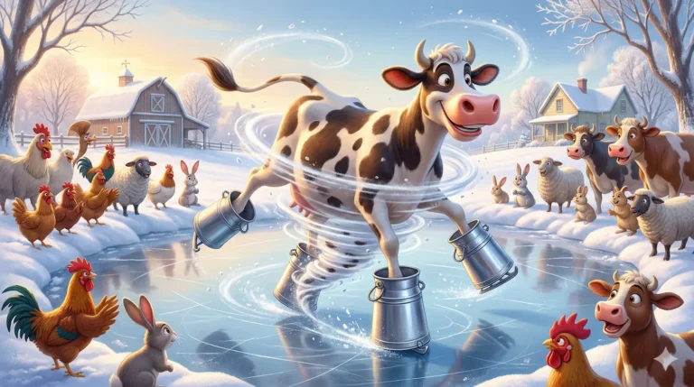 Brown and white cow ice skating with milk jugs. Farm animals watch.