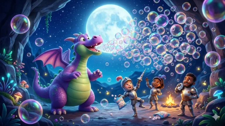 Purple dragon blows bubbles for happy kids in knight costumes at night.
