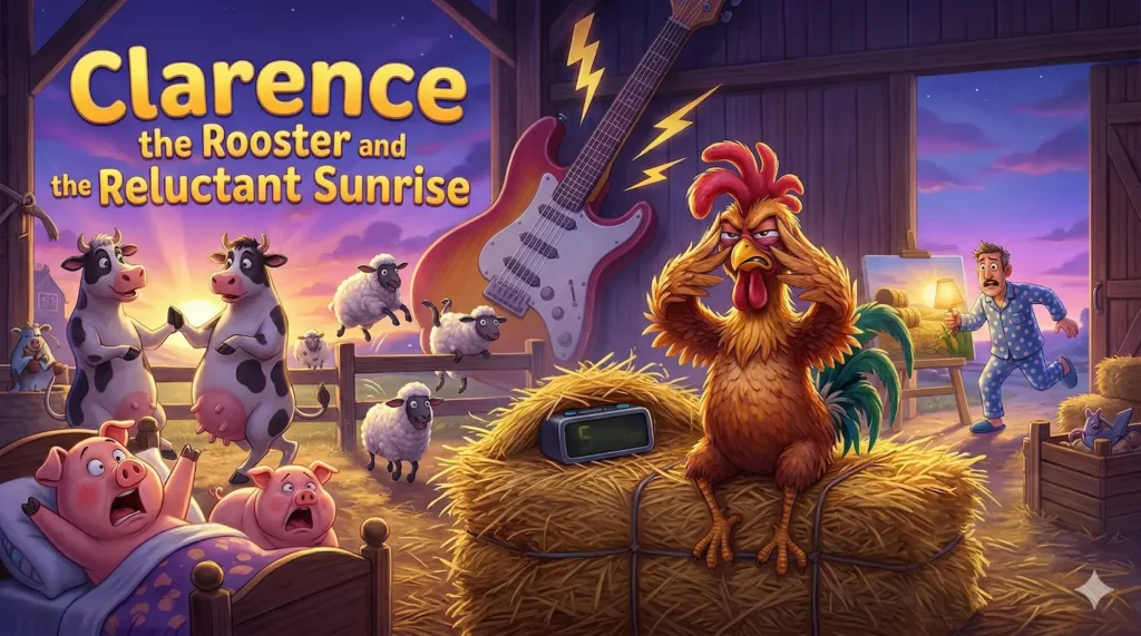 Cartoon rooster Clarence dislikes noisy animals and man painting sunrise.