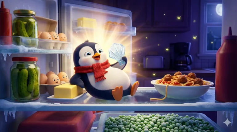 Cute penguin with scarf finds ice in colorful, yummy-looking fridge; children's story.
