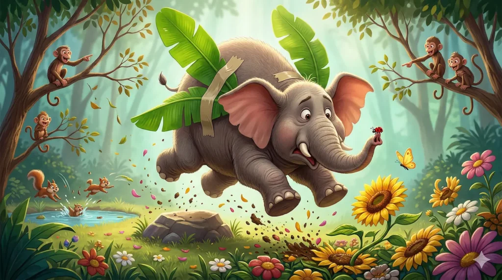 Flying elephant with leaf wings, curious ladybug, playful monkeys, and vibrant flowers.