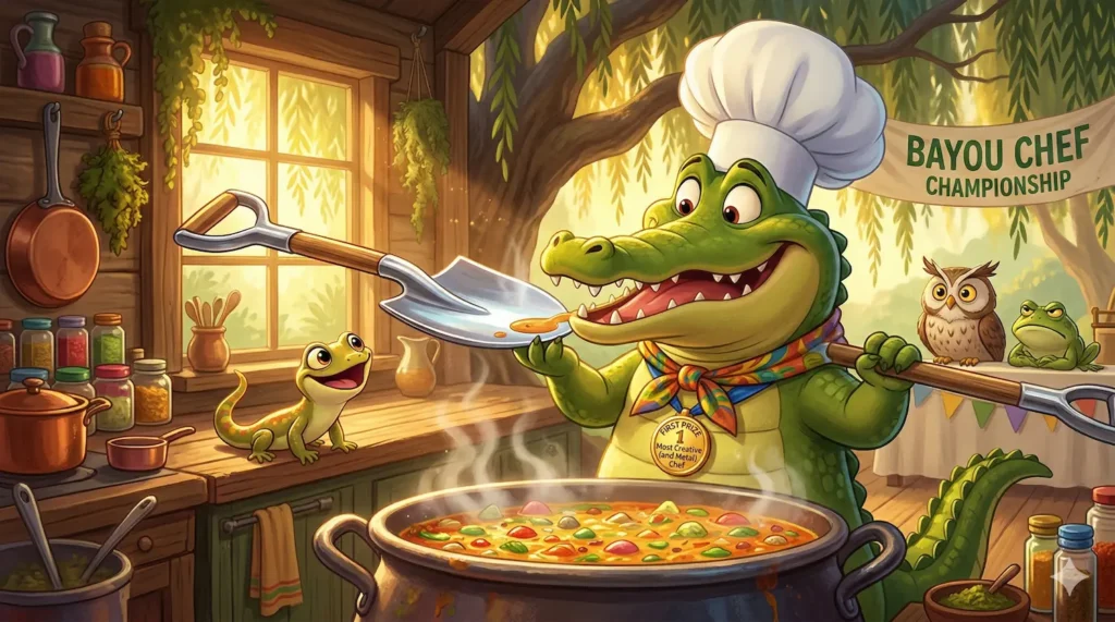 Green alligator chef cooks stew, lizard watches. Owl and frog judge Bayou Championship.