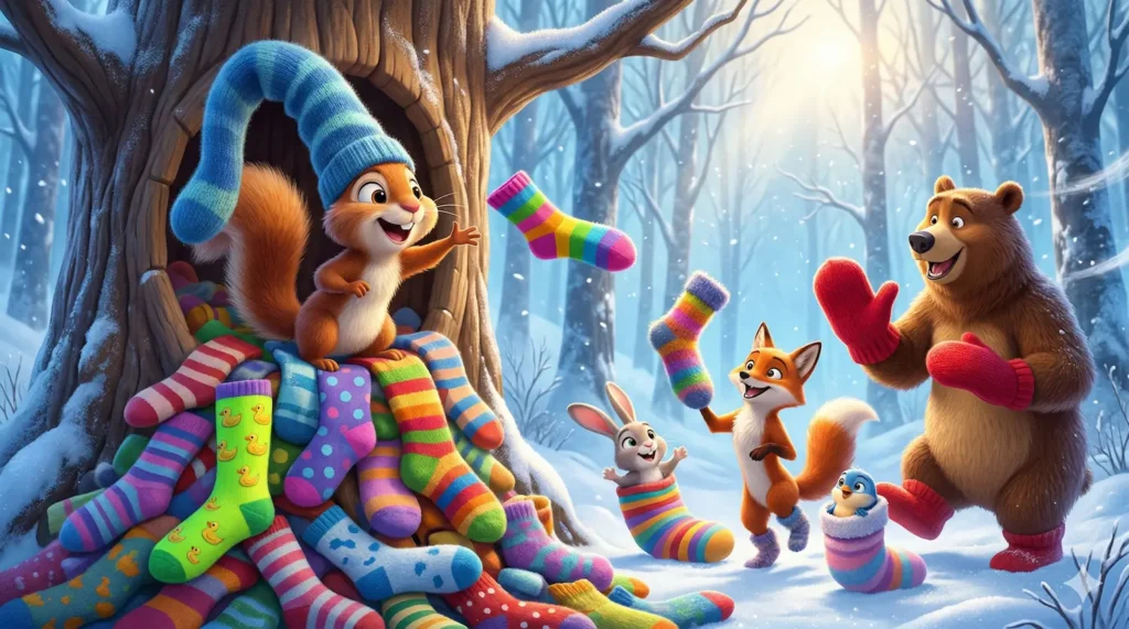 Winter story! Squirrel, bear, fox, and bunny play with colorful socks in the snow.