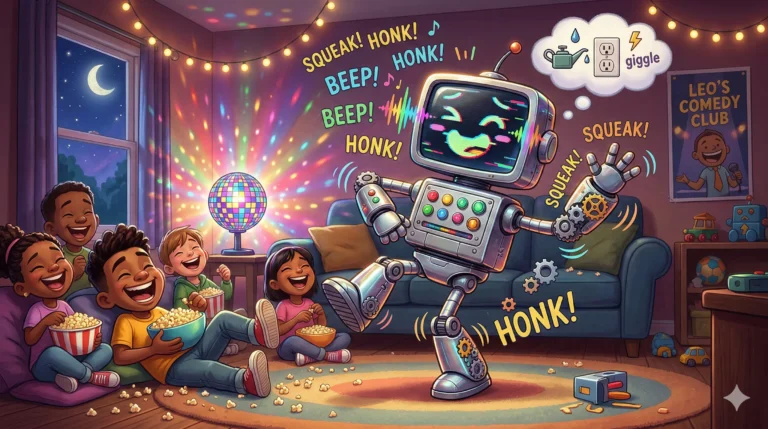 Kids laugh as robot dances under disco ball, surrounded by colorful lights.