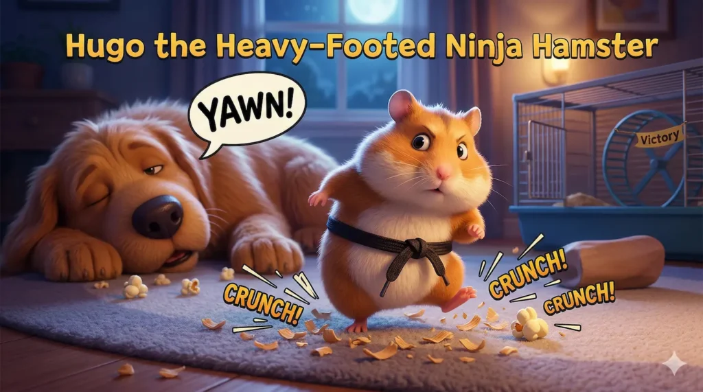 Hamster ninja with black belt stomps popcorn near yawning dog.