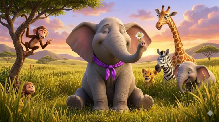 Cartoon animals: elephant, giraffe, zebra, lion, monkey in grassy field. Children's story.