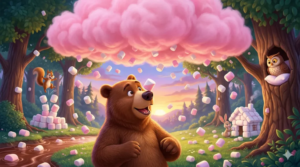 Cartoon bear, squirrel, bunny, owl, and marshmallows raining in a whimsical forest.