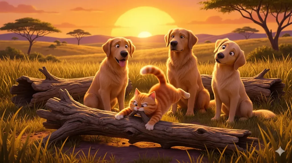 Cartoon: Orange cat climbs log; golden retrievers watch at sunset. Funny animals.