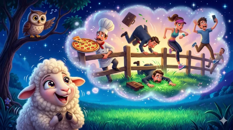 Smiling sheep dreams of chef, pizza, runners, and people jumping fence at night.