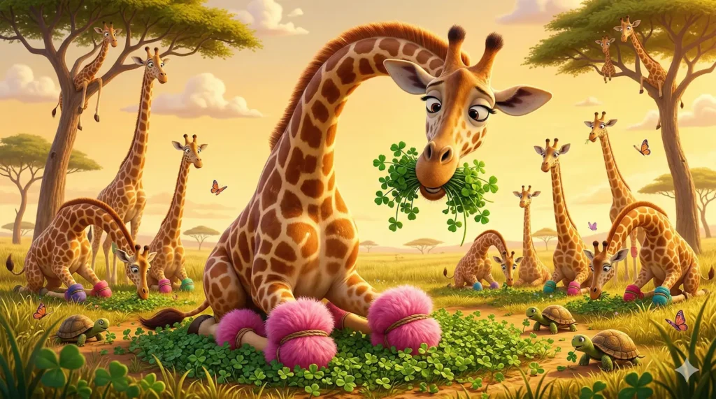 Cartoon giraffes with pink leg warmers eat clovers in a sunny field.