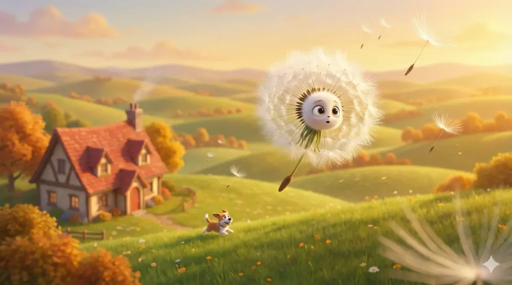 Dandelion seed head with face flies, puppy runs, rural house, green hills.
