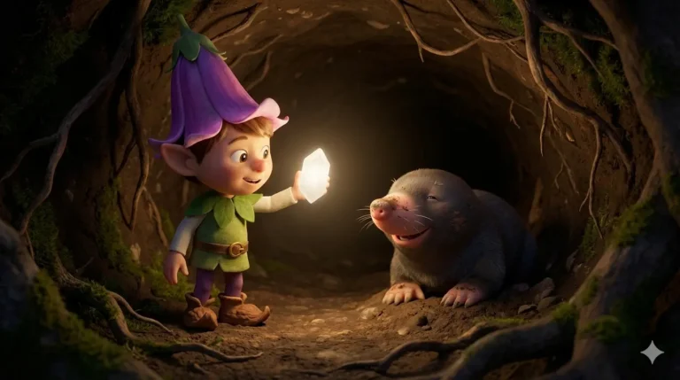 Flower-hat elf shows crystal to smiling mole in cozy burrow; fairytale story.