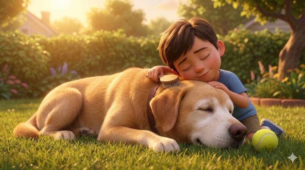 Boy brushes golden dog sleeping peacefully in sunny green yard. Tennis ball.
