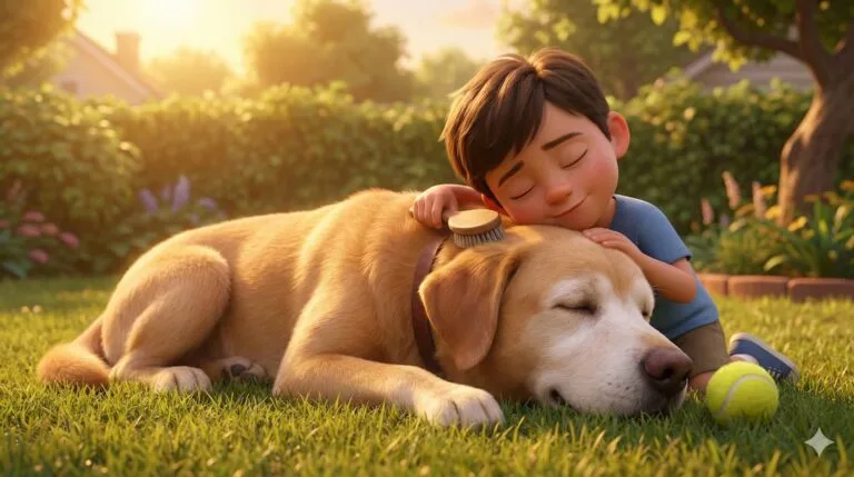 Boy brushes golden dog sleeping peacefully in sunny green yard. Tennis ball.