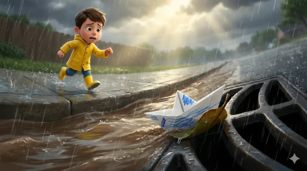 Sad boy in yellow raincoat chases paper boat down rainy street.