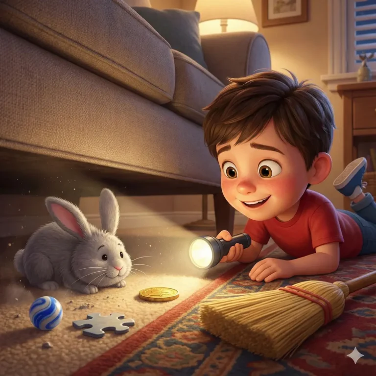 Boy with flashlight finds gray bunny and lost toys under sofa.