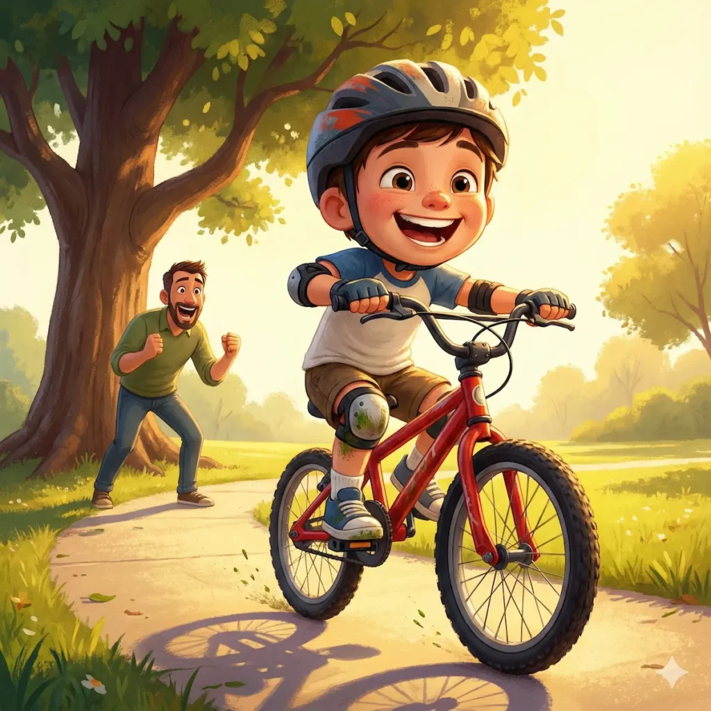 Happy boy rides red bike, dad cheers. Kids learning, family fun.