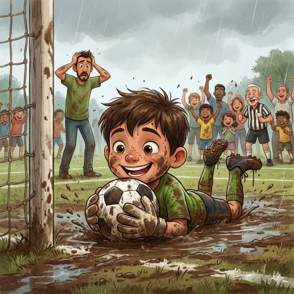 Muddy boy goalie saves soccer ball! Cheering crowd. Kids' sports story.