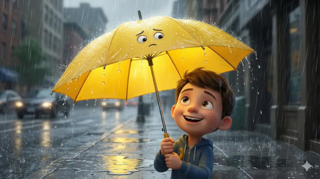Smiling boy and sad yellow umbrella in rainy city street.