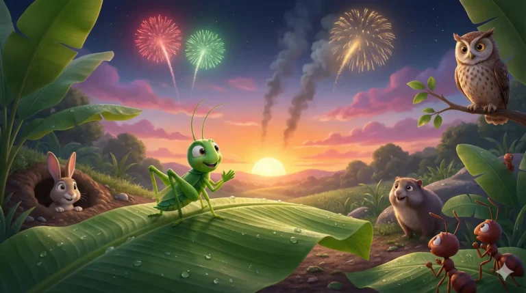 Cartoon animals watch fireworks. Green grasshopper, brown owl, rabbit, hamster, and ants.
