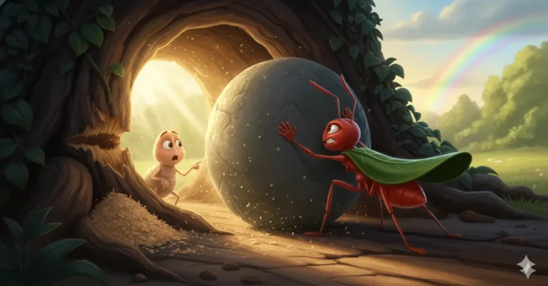 Red ant hero pushes rock; tan ant watches by tree in kids story.