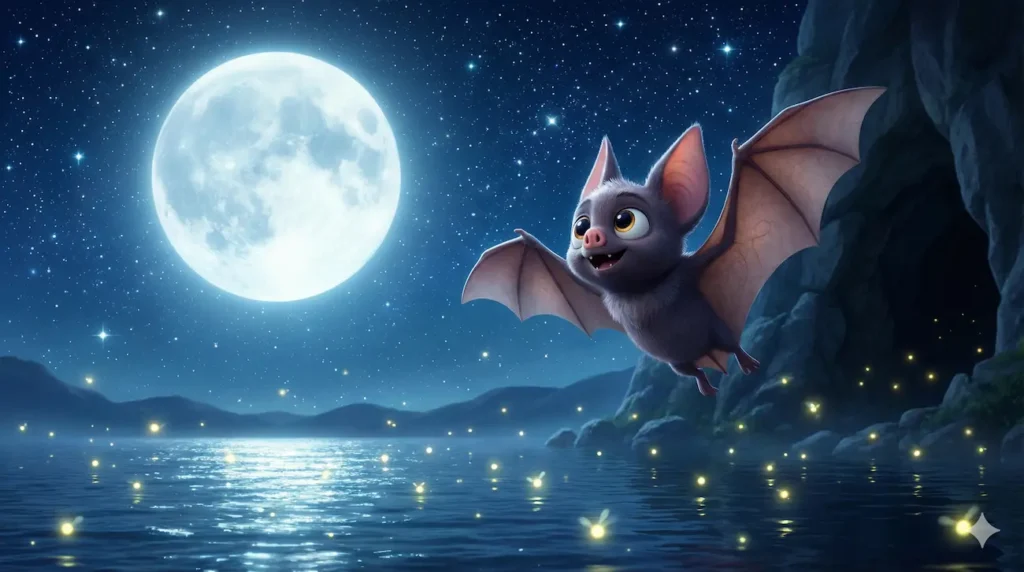 Cute purple bat flies by moonlit lake with fireflies for kids' story.