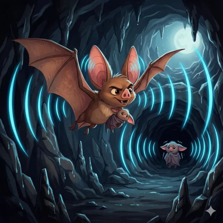 Bats fly in blue-lit cave. Mother bat carries baby, using echolocation.
