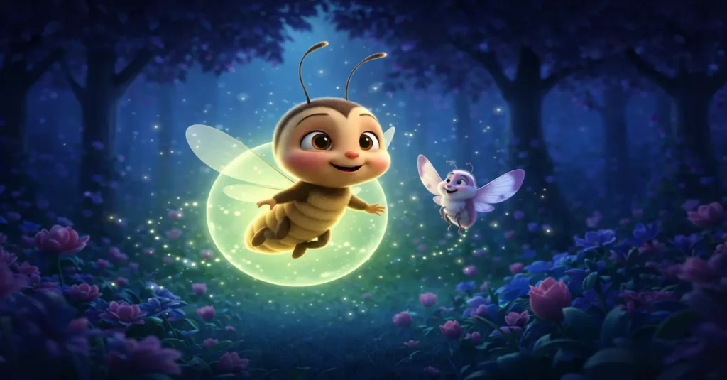 Cute baby bee flying with purple butterfly in magical flower garden.