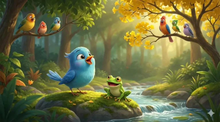 Blue bird sings to green frog; colorful birds watch from trees.