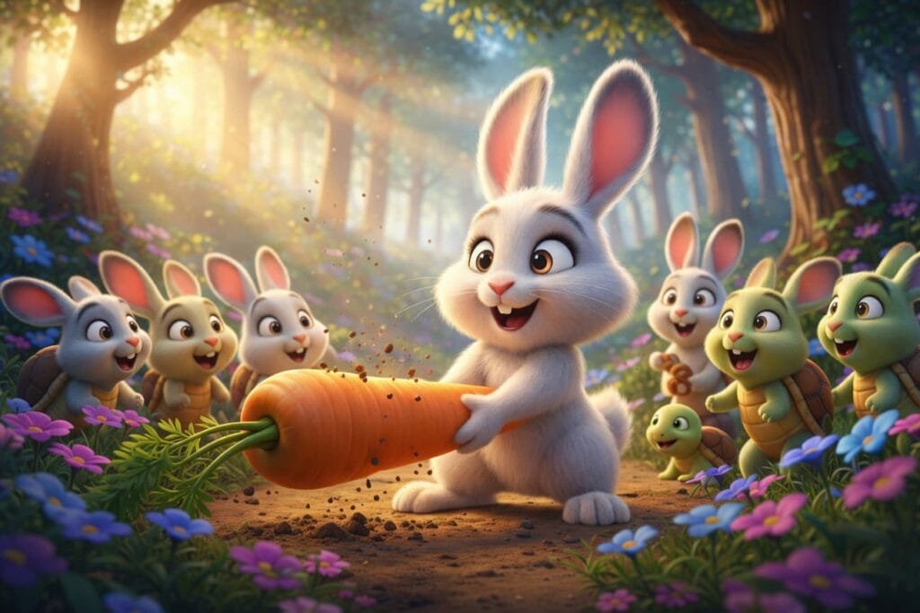 Happy white bunny carries huge orange carrot for bunny and turtle friends.