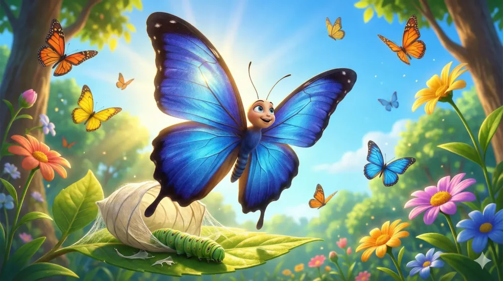 Blue butterfly smiles, flying with orange and yellow butterflies over flowers and caterpillar.