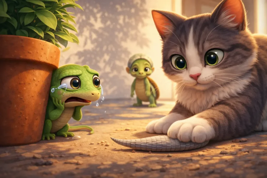 Sad green lizard cries. Cat steals tail. Turtle smiles. Funny story!