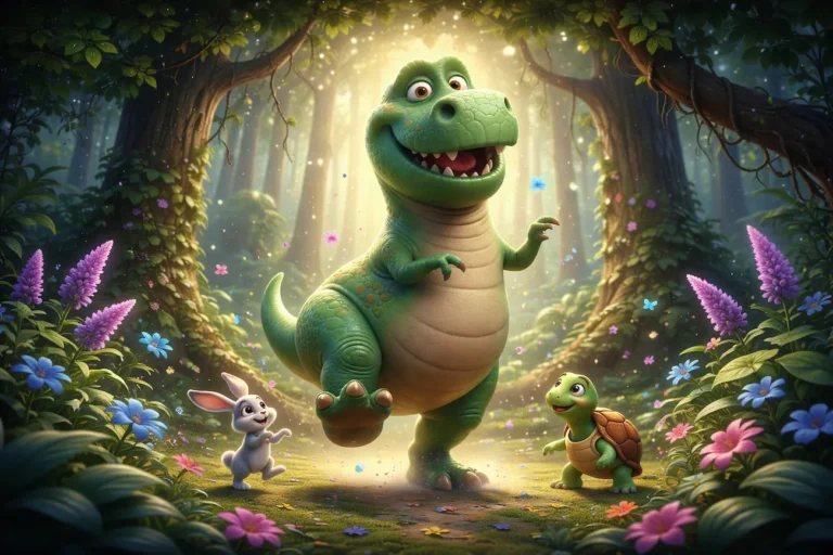 Smiling green dinosaur, bunny, and turtle friends in magical forest, children's story art.