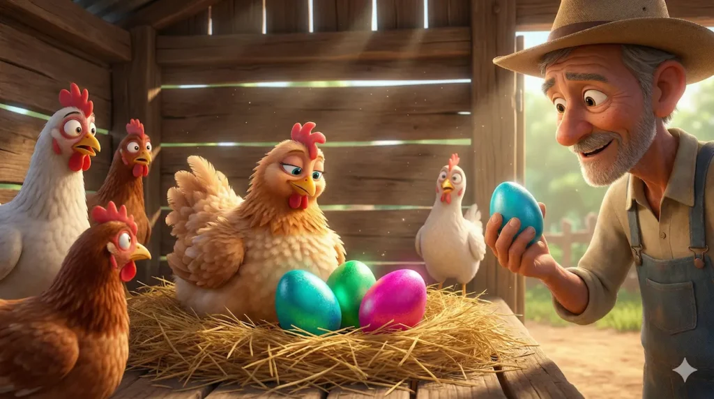 Farmer finds colorful eggs, chickens watch. Fun Easter story image.