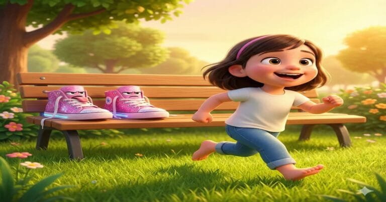 Barefoot girl runs past grumpy pink glitter shoes on bench in green park.