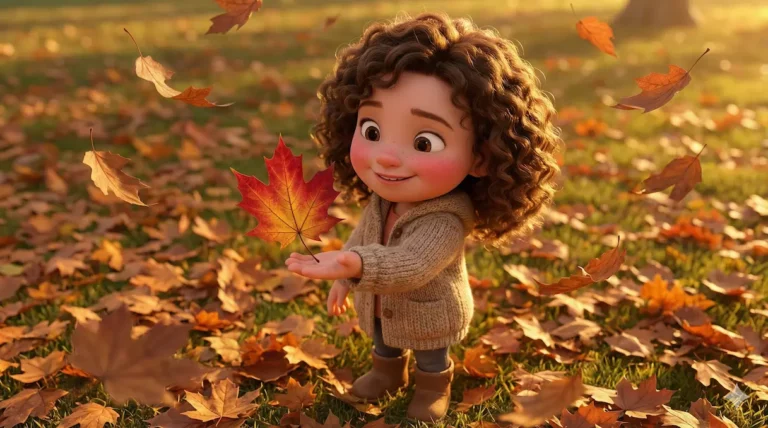 Curly-haired girl with red maple leaf in autumn. Falling leaves.