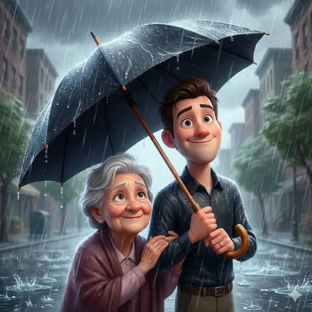 Grandma and grandson smiling under a black umbrella in the rain.