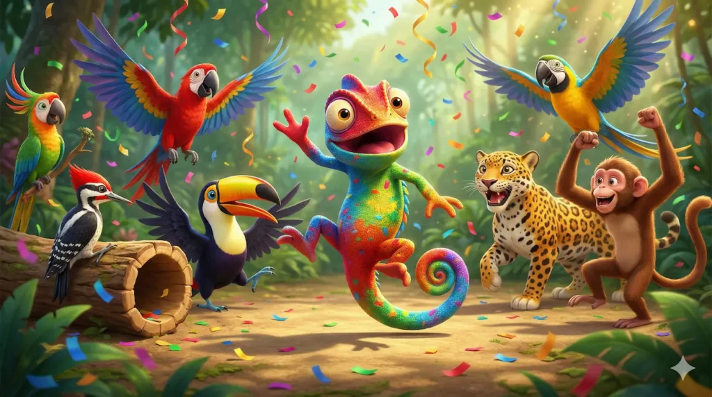 Happy rainbow chameleon, monkey, parrots, jaguar, toucan celebrate with confetti in the jungle.