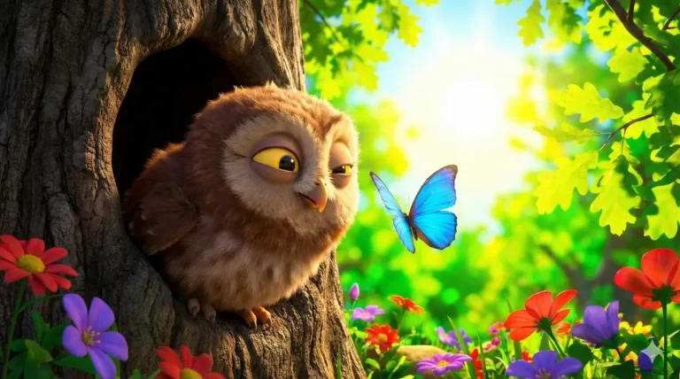 Cute owl with butterfly in colorful flower garden, children's story.