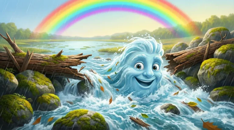 Smiling water spirit flows under rainbow; mossy rocks, green trees, children's story.