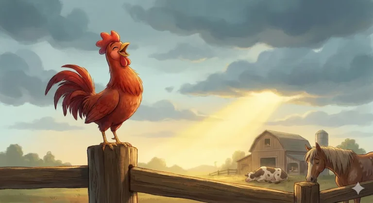 Red rooster crows at sunrise on farm with cow and horse.
