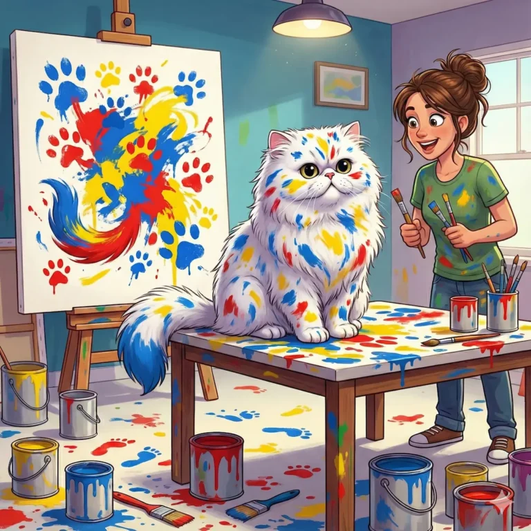 Girl paints with cat! Colorful paw prints on canvas, table, floor, and fluffy pet.