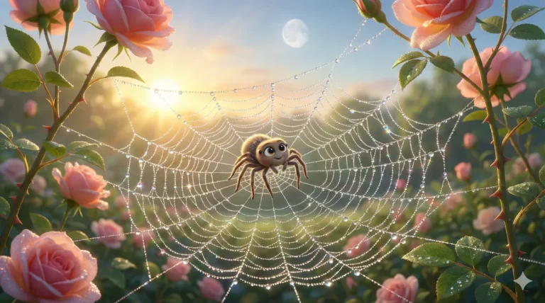 Tina alcanzando la Luna, Una telaraña cubierta de gotas de rocío brillantes