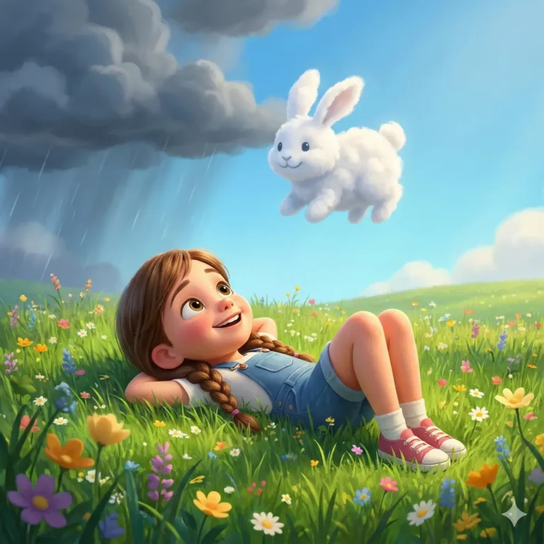 Girl watches fluffy white bunny float in rainy sky, lying in flowery meadow.