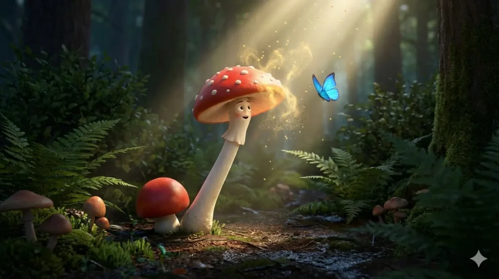 Cartoon mushroom with a face watches a blue butterfly in sunlit woods.